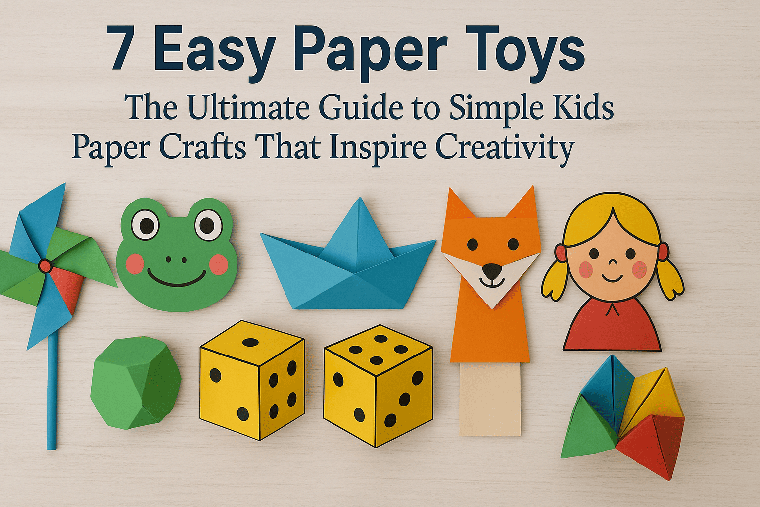 A flat lay display of various simple, colorful paper toys and crafts for kids, including a pinwheel, a green frog cutout, a blue origami boat, an orange fox head, a paper doll, yellow 3D dice, and a colorful paper fortune teller, illustrating the topic of easy DIY paper crafts.